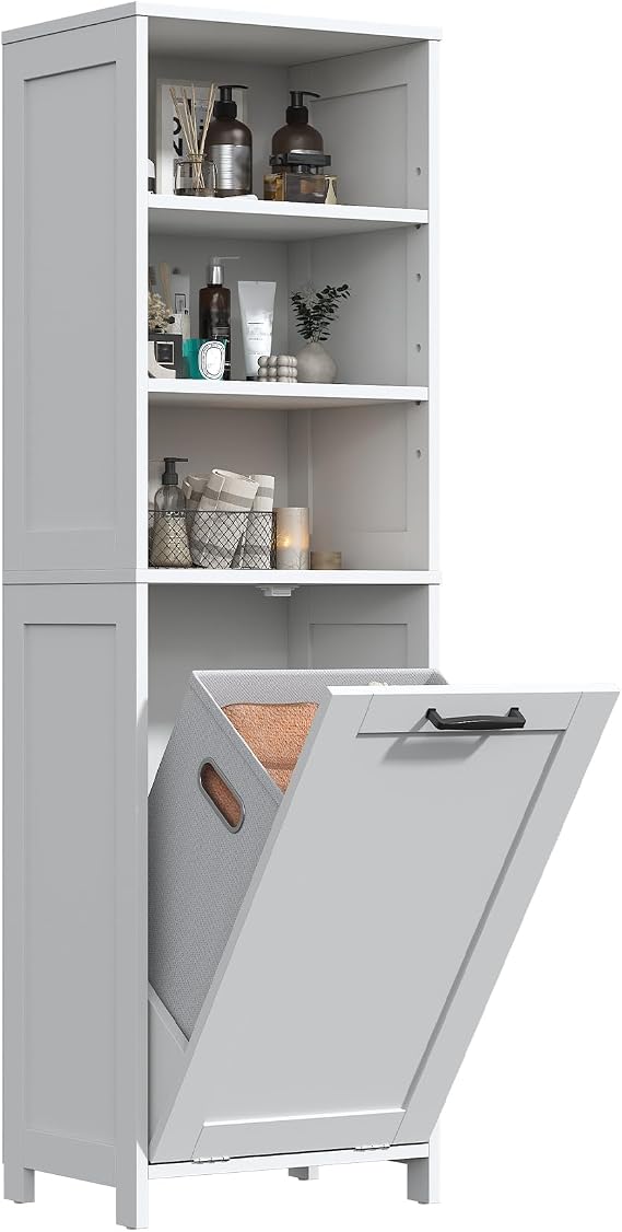 Bathroom Storage Cabinet, Slim Bathroom Storage Unit with Removable Laundry Basket, Freestanding Bathroom Floor Cabinets, Adjustable Shelves, Modern Farmhouse