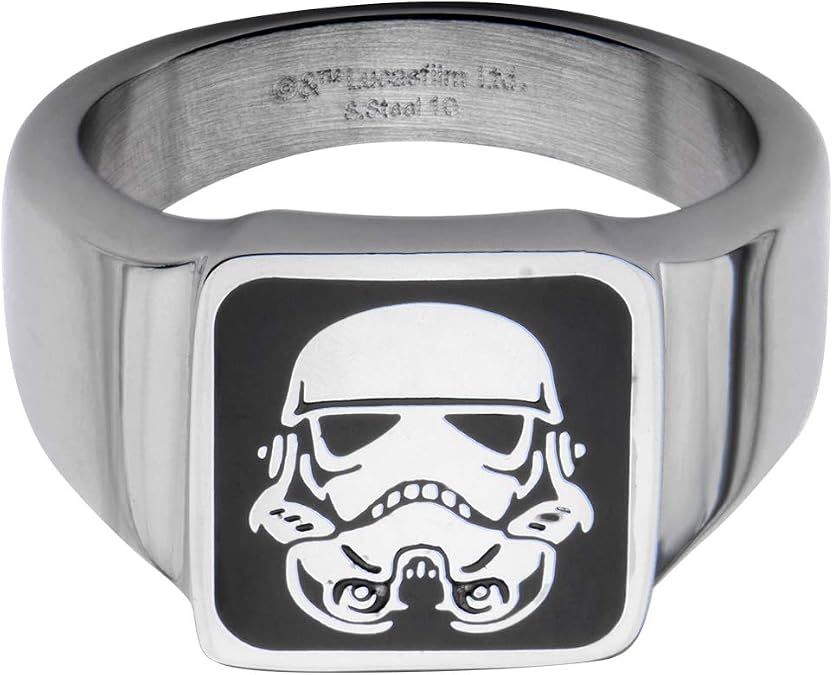 Star Wars Jewelry Men's Stainless Steel Stormtrooper Square Top Ring, Black/Silver, One Size