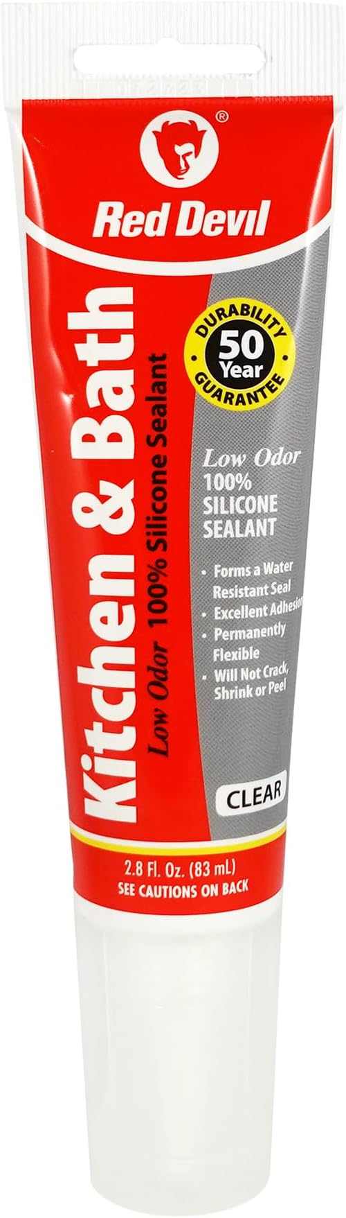 Red Devil 0885 Kitchen & Bath Low Odor Silicone Sealant, 2.8 Oz Squeeze Tube, Clear, Pack of 1