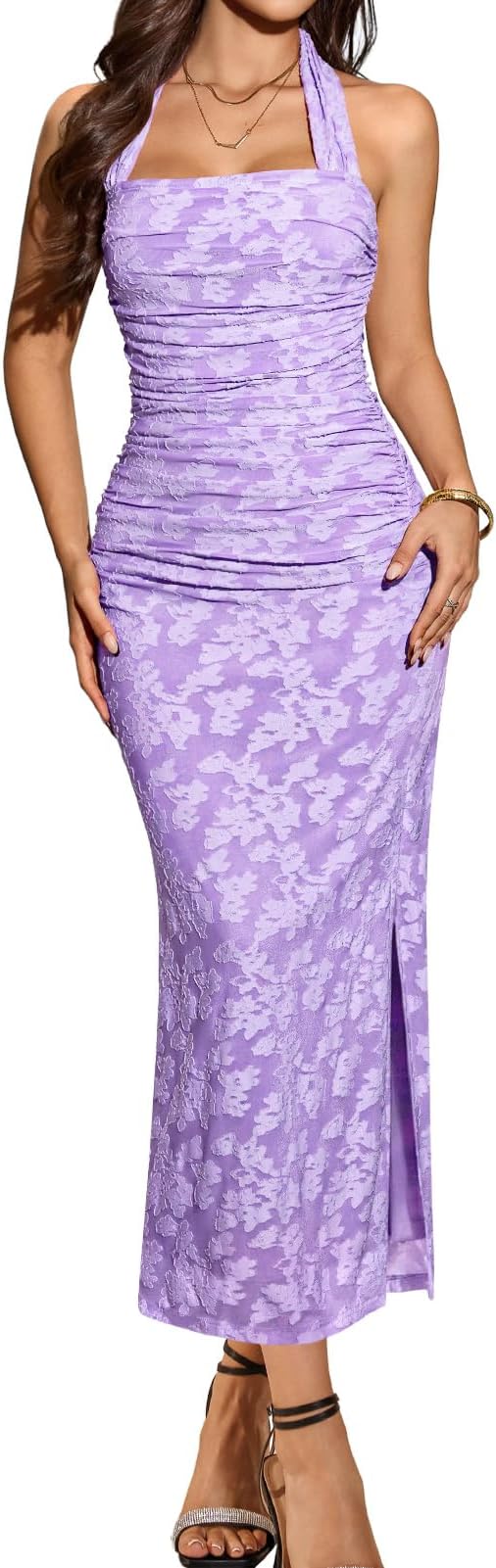 DRESSTELLS Women's Floral Halter Bodycon Backless Maxi Ruched Wedding Guest Cocktail Party Dress