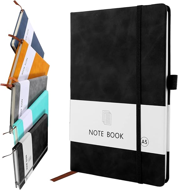 A5 Notebook, Notebook A5 Note Book Note Pad Journal Notebook A5 Notepad PU Leather Notebook for Office School Home Business Writing & Note Taking 200 Pages (100 Sheets)- Black