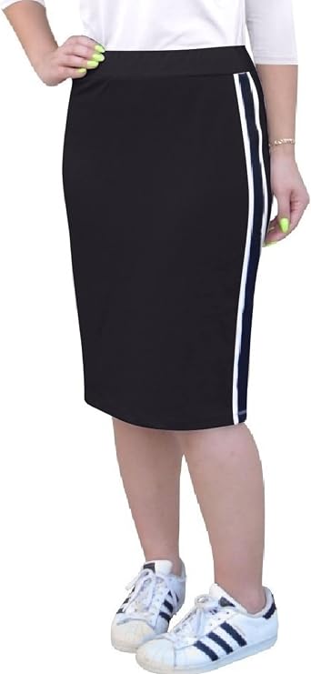 Kosher Casual Women's Modest French Terry Cotton Spandex Knee Length Straight Skirt with Sports Striping