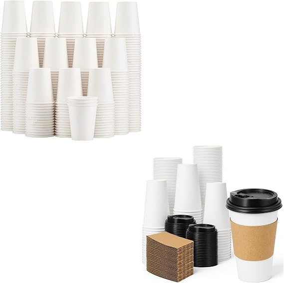 Lamosi 300 Pack Paper Cups 8 oz 100 Pack 16 oz Disposable Coffee Cups with Lids and Sleeves
