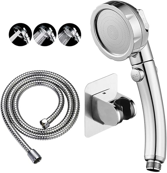 KAIYING Drill-Free High Pressure Hand Shower with On/Off Pause Switch 3 Spray Modes Water-Saving Shower Head Removable Puppy Shower Accessories (M:Shower Head (Chrome) + Bracket + Hose)