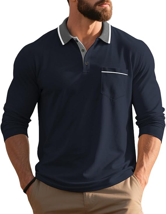 Long Sleeve Polo Shirts for Men Fall Trendy Color Block Golf Shirts Classic Collared Button Down Work Business Tops