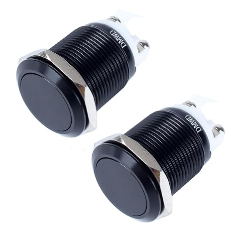 2-Pack 19mm Latching Metal Waterproof Push Button Switch 12V 24V 110V 250V ON-Off Normally Open 3/4" Mounting Hole Screw TerminalsBlack Shell Flat Head