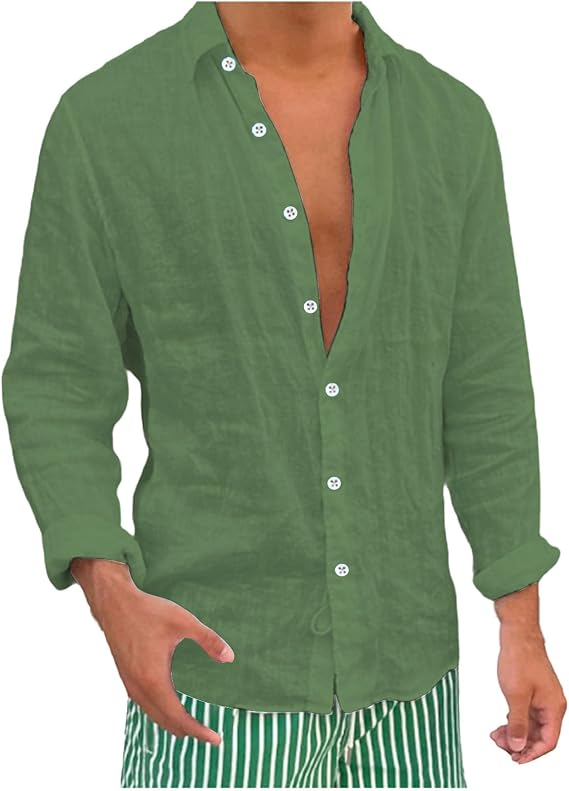 Men Linen Texture Long Sleeve Button Shirt Turn Down Collar Casual Shirt