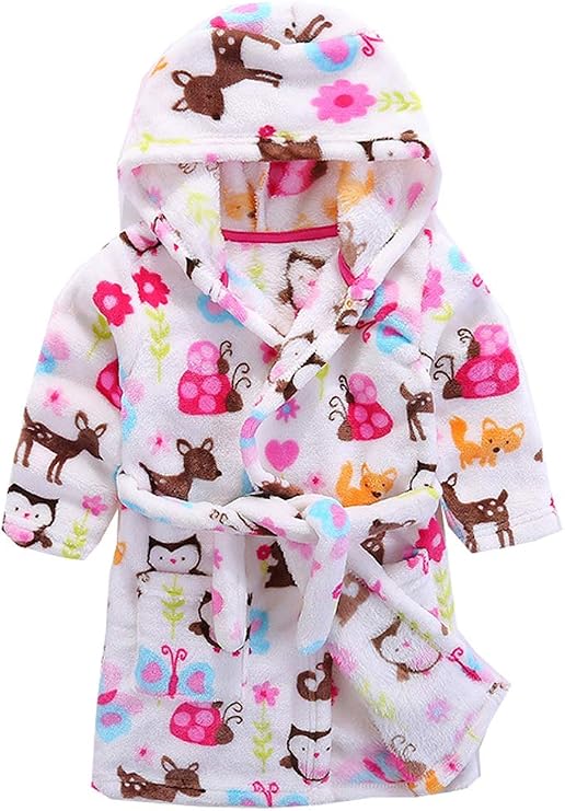 Girls Robes, Plush Soft Coral Fleece Animal Print Hooded Bathrobe for Kids Boys
