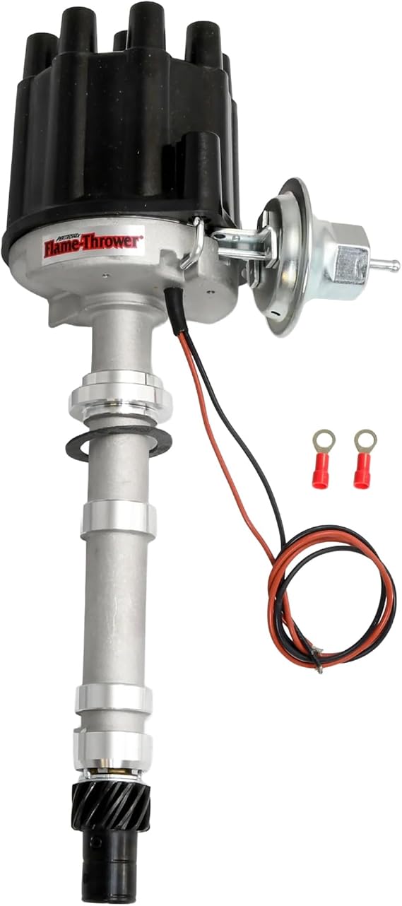 PerTronix Flame-Thrower Stock-Look Electronic Ignition Distributor - For Chevy Small Block & Big Block V8, Vacuum Advance, Cast Aluminum Housing, Black Cap, Ignitor Technology - D104600