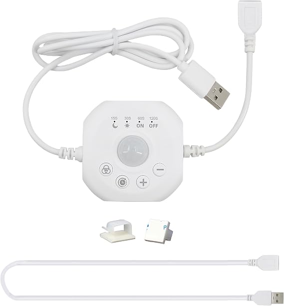 5V Mini Motion Sensor Switch with USB Male and Female Connectors (White),Time Delay,Brightness Dimming,Automatic Sensor Switch for Indoor DIY Lighting, Kitchen, Wardrobe,Stairway. [Energy Class A]