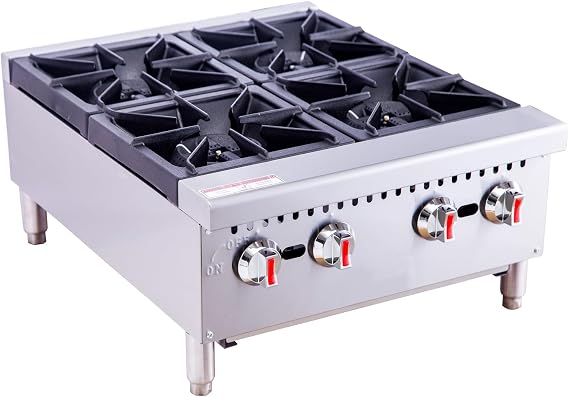 Commercial Gas Hot Plate 24 Inch, 4-Burner Countertop Range 120,000 BTU, Heavy Duty Stainless Steel Stove with Cast Iron Grates, NG/LP Convertible, ETL Listed for Restaurant