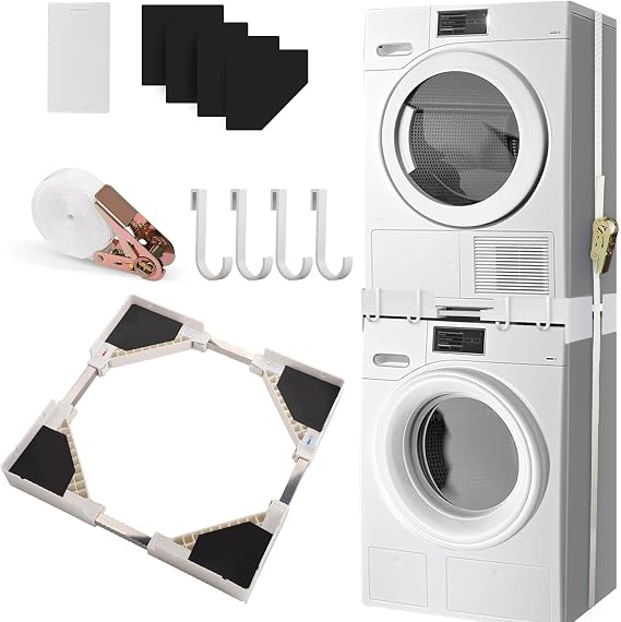 Universal Stacking Kit for Washer and Dryer, Adjustable Stacking Kits for Washing Machine and Tumble Dryer Ranging from 45-68cm, Stacking Shelf with Ratchet Ropes and Anti Vibration Feet