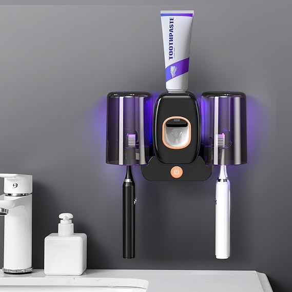 LXIANGN 3 in 1 Toothbrush Cleaner Holders,Rechargeable Wall Mounted Toothbrush Holder Toothpaste Dispenser Automatic 2 Cups Tooth Brush Holder for Bathroom, No Drilling, 4 Slots, Black