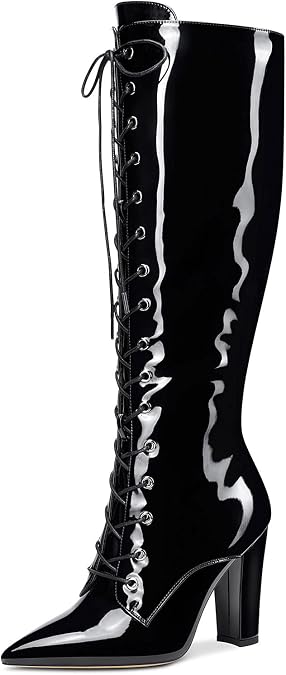 Castamere Womens Mid Calf Chunky Block Heel Boots Pointed Toe Lace Up Boot with Zipper 10CM Heels