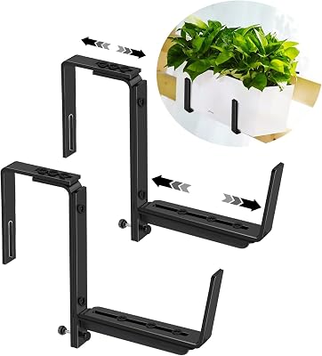 NouraVita Window Box Brackets, Adjustable Hanging Railing Planter Box Brackets, Heavy Duty Wall Mount Iron Flower Box Holder for Outdoor Windowsill, Balcony, Garden, and Fence 2 Pack