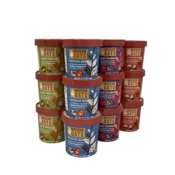 Modern Oats Instant Oatmeal Cups Variety Pack (12 Count); Gluten-Free, Vegan, Non-GMO Oatmeal with Protein & Fiber; Breakfast On the Go, Includes Goji Blueberry, Apple Walnut, Vermont Maple & Coconut Almond Flavors.