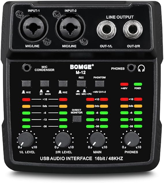 BOMGE M12 USB Audio Interface, 2-Channel Mixer, XLR/3.5mm Input, 48V Power Supply, Sound Card for PC Recording, Studio, Live Show, Karaoke, Plug&Play