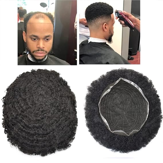 Afro Toupee For Black Men HAIR WONDERS 360 Full Swiss Lace Man Weave Hair Unit Black Men African American Curly Afro Mens Toupee Hair System 8''*10''Mixed Gray White Hair (8''*10'', #150 1# JET BLACK WITH 50% SYNTHETIC GREY-6mm wave)