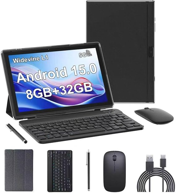 Android 15 Tablet,10 inch Tablets, 2 in 1 Tablets with Keyboard Case | 8GB RAM+32GB ROM/2TB Expandable, 1280x800 IPS Display Screen, 5G Wi-Fi6, Dual Camera, 6000mAh Battery BT5 Widevine L1(Black)