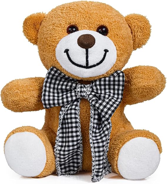 Özgüner Toy Plush Piti Checkered Plush Bear, Black and White Bow Teddy Bear, Cute Bow Bear, Bowed Teddy Bear, Fillable Toy, Office Gift (Coffee)