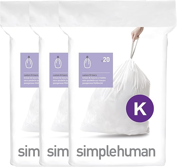 simplehuman Code K 60 Count Custom Fit Liners, Drawstring Kitchen Trash Bags, One-by-One Mess-Free Dispense, Extra Thick & Double Seamed, 50% PCR Plastic, 30-45 Liter / 8-12 Gallon, White