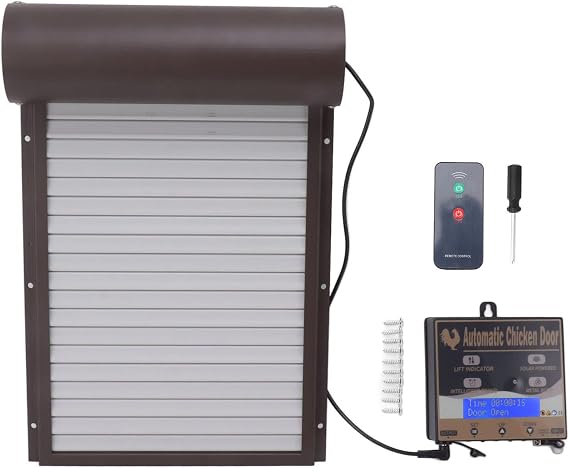 Automatic Chicken Coop Door, Light Sensor & Timer & Remote Control Chicken Coops Door Opener, Waterproof Roller Shutter Chicken Door, Fit for Chicken House(Brown)