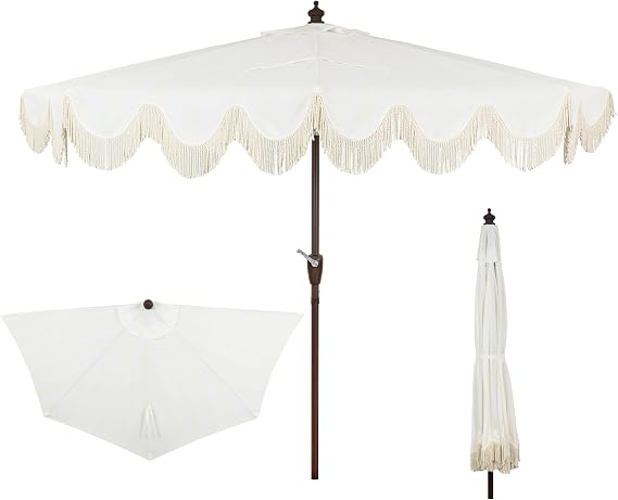JONATHAN Y Beverly 9 ft. Striped Half Umbrella, Cream/Dark Brown
