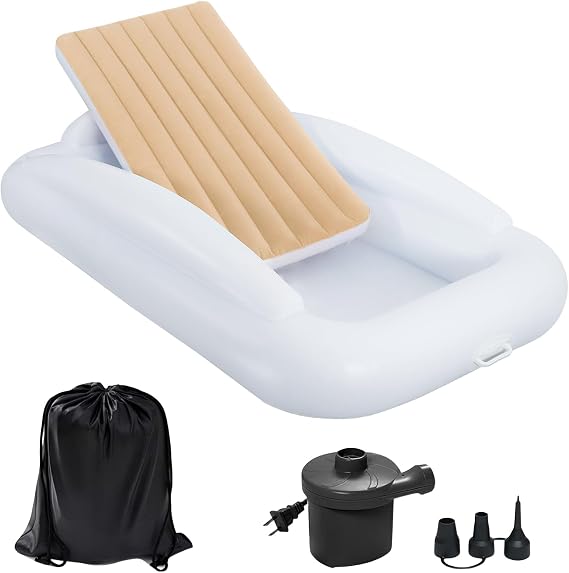 Inflatable Toddler Travel Bed with Safety Bumpers, 63 Inches Portable Kids Air Mattress with High-Speed Pump, Inflatable Toddler Bed for Travel Camping and Grandmas House, Khaki