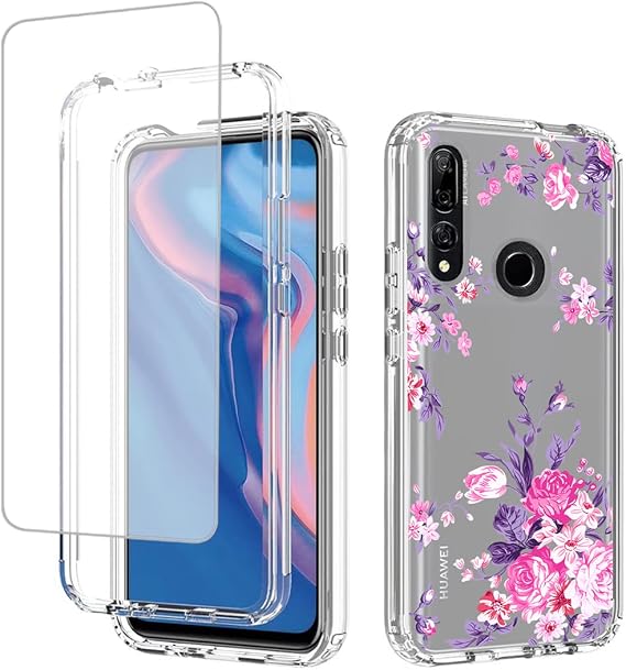 Case for Y9 Prime 2019/for Honor 9X/P Smart Z Case with Tempered Glass Screen Protector, Soft 360 Full Body Shockproof Hybrid Crystal Clear Case Cover for Huawei Y9 Prime 2019 (Rose Flower)
