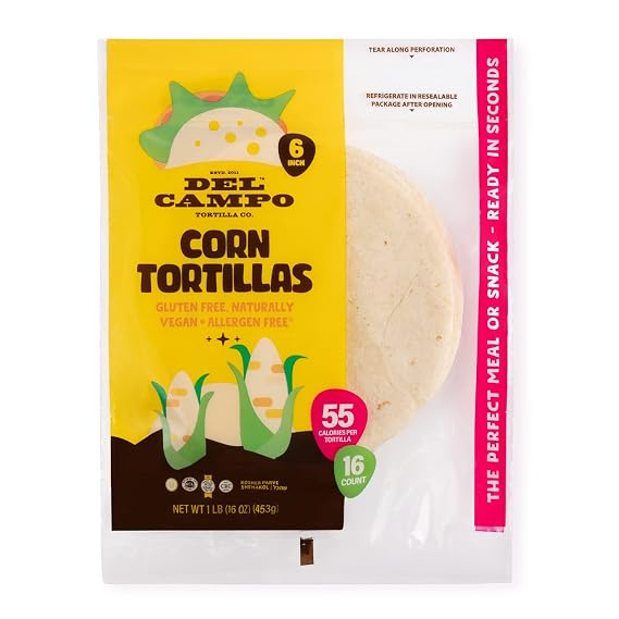 Del Campo Soft Corn Tortillas 6 Inch Round 1 Lb. Bag. 100% Delicious, Gluten Free and All-Corn Authentic Mexican Food. Many Serving Options: Wraps, Tacos, Quesadillas or Burritos, Kosher. (16ct.)