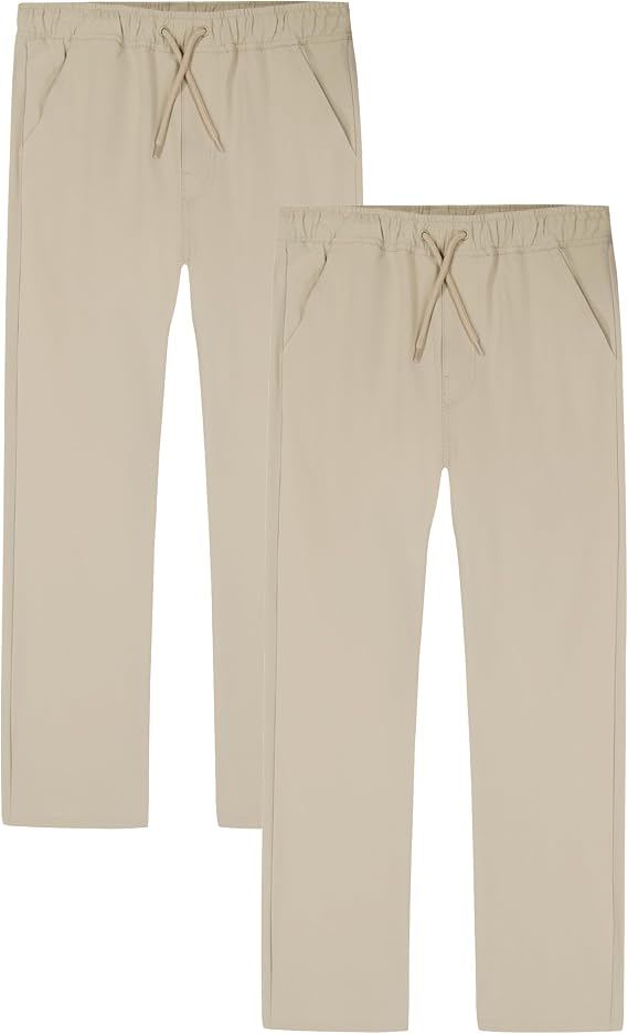 Dockers Boys' School Uniform Pull on Stretch Twill Performance Pants, Drawstring Waist, 2-Pack