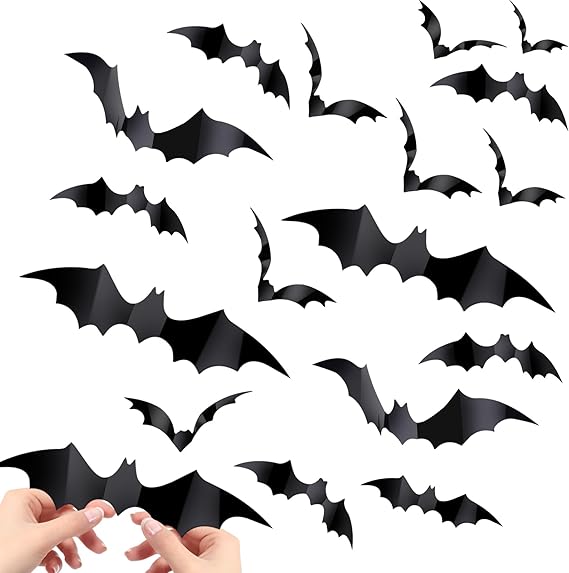 60PCS Halloween Decorations, 4 Different Sizes Realistic Waterproof PVC Black 3D Scary Bats Decor Stickers for Home Decor Wall Decal Indoor Hallowmas Party Supplies.
