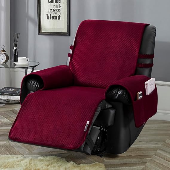 STONECREST Recliner Chair Cover, Water Resistant Velvet Quilted Slipcover, Stay in Place (Burgundy, Recliner 23" Regular)