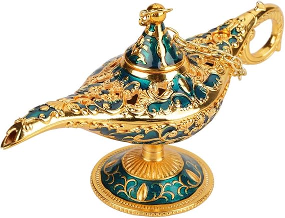 Miracle Lamp, 3D Relief Aladdin Magic Wish Lamp, Aladdin Lamp, Genie Lamp, Hollow Metal Incense Burner with Exquisite Handle, Vintage Home Decor Collectible (Gold Lace Blue, 12x4.5x6.5cm)