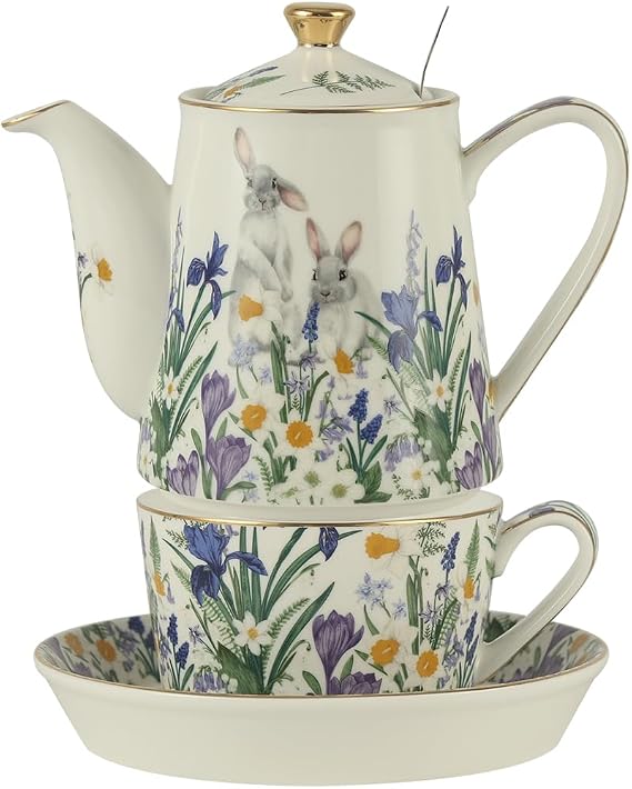 London Pottery Porcelain Tea Set with Removable Stainless Steel Infuser for Afternoon Tea, British Teapot and Cups and Saucers,Gold Trim Tea Pots for Loose Tea (Hares in Iris Blossom)
