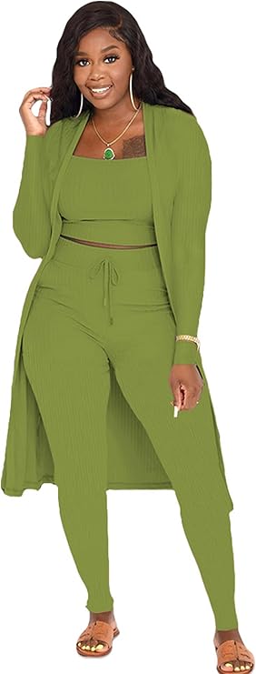 OCEANLUX Women's 3 Piece Lounge Pajamas Set Long Cardigan Crop Tank Drawstring Legging Pants Loungewear Outfits