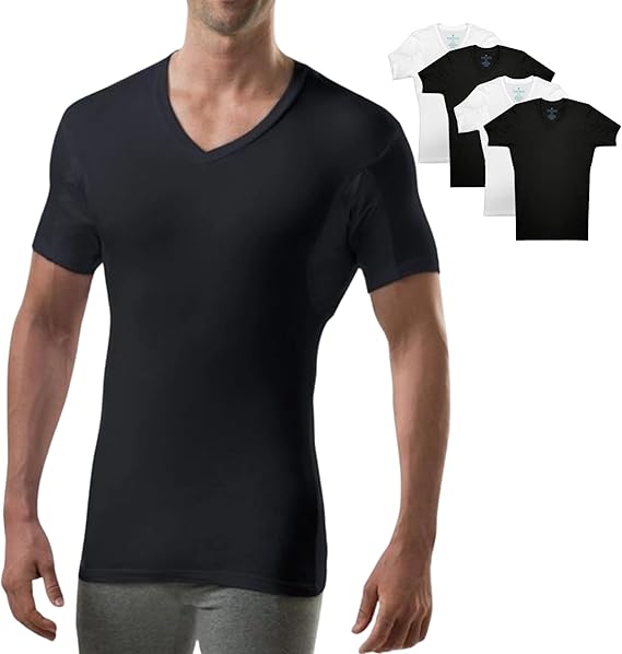 T THOMPSON TEE Men's Sweatproof Undershirt | V Neck | Slim Fit | with Sweat Pads | White, Black | 4-PK Bundle | X-Large