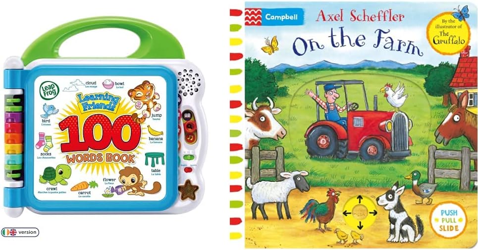 LeapFrog 601503 Learning Friends 100 Words Baby Book Educational and Interactive Bilingual Playbook Toy, Boys & Girls 1, 2, 3, 4+, Multi-Colour & On the Farm: A Push, Pull, Slide Book