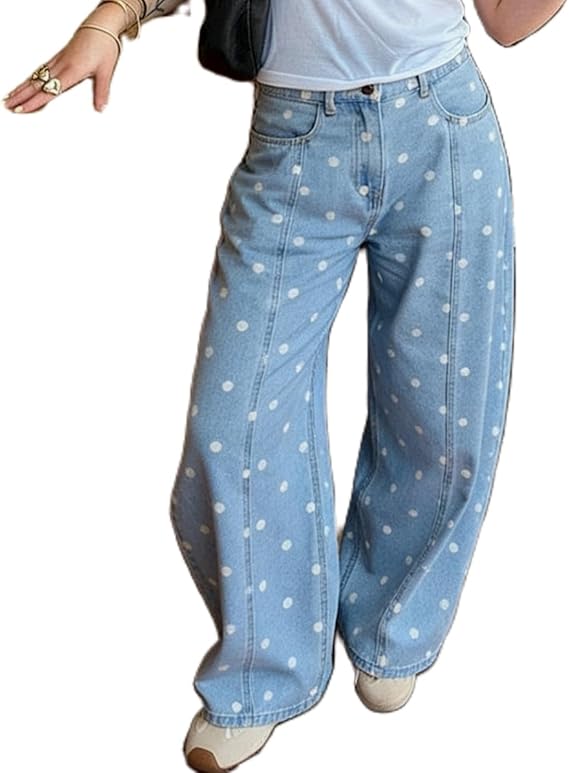 Women's Y2k Polka Dot Barrel Jeans Coquette High Waisted Baggy Cute Denim Pants Teen Girls Streetwear