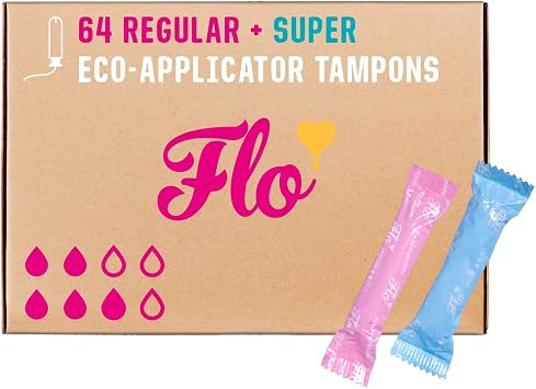 Flo - Organic Cotton Tampons for Women - 64 Pack (36 Regular, 28 Super) - Leak Proof - No Synthetic Fibers, Chlorine Bleach, Added Dyes - Bio-Plastic Applicator - Feminine Care - Vegan & Cruelty Free