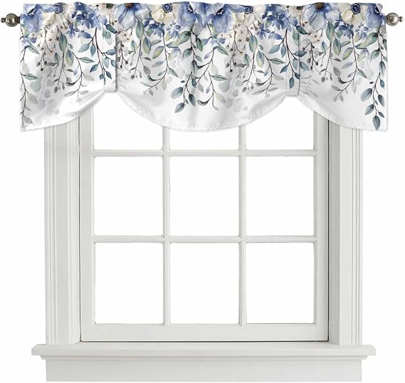 Blue Spring Floral Tie Up Valance Curtains for Windows, Summer Botanical Kitchen Curtains Window Treatments, Weeping Flower Short Window Shades Valances for Bedroom Bathroom Cafe 54"x18"