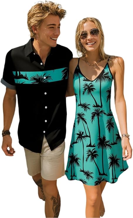 DRESSFO Couple Matching Hawaiian Outfits Palm Tree Print Vacation V Neck Dress or Men's Short Sleeve Button Up Shirt