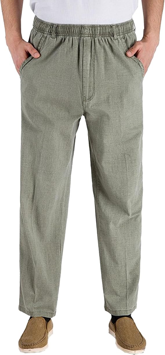 Men's Casual Stylish Straight Leg Jeans Elastic Waist Linen Comfort Denim Pants Loose Fit Solid Jeans Trouser