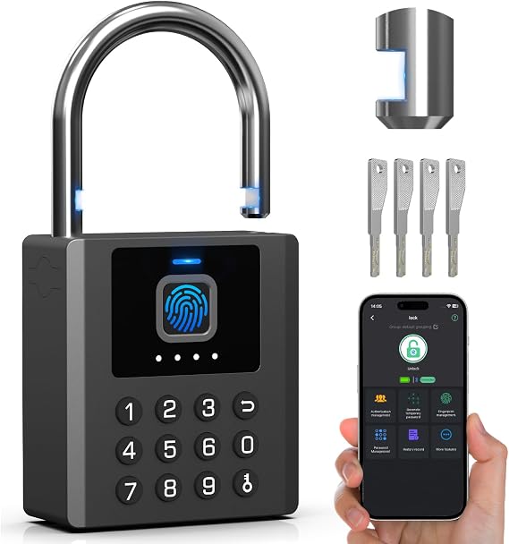 Eseesmart Heavy Duty Fingerprint Padlock with Key, Smart Combination Gate Lock, High Security 8mm Shackle with Double Notch Outdoor Weatherproof for Gate Fence Shed Storage Unit Containers