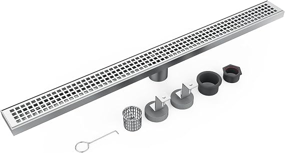 GAOMON 32-Inch Linear Shower Drain with Removable Quadrato Pattern Grate, Brushed 304 Stainless Steel Rectangle Shower Floor Drain, Bathroom Linear Drain with Leveling Feet,Hair Strainer