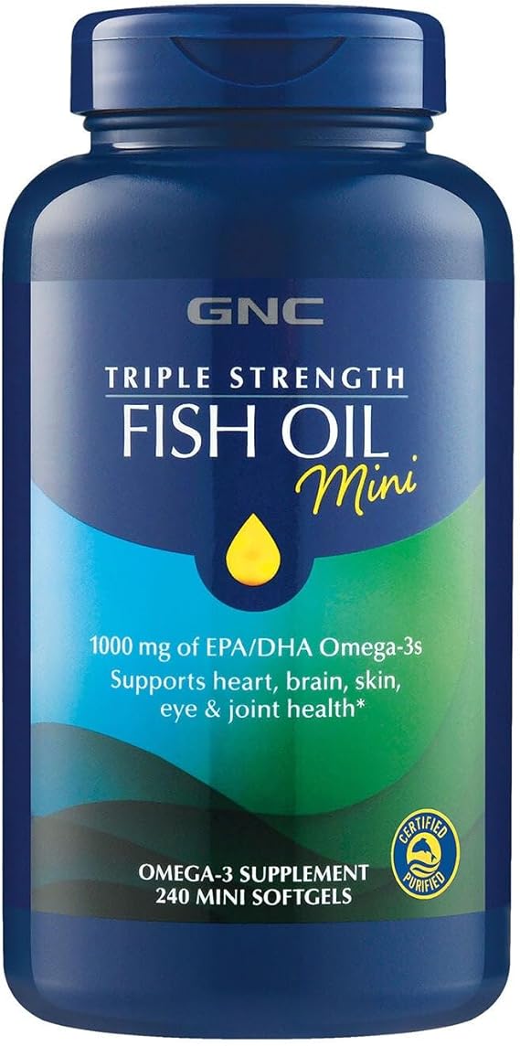GNC Triple Strength Fish Oil Mini Omega 3 Supplement, 1000mg EPA and DHA, Supports Heart, Brain, Skin, Eye and Joint Health, 240 Mini Softgels