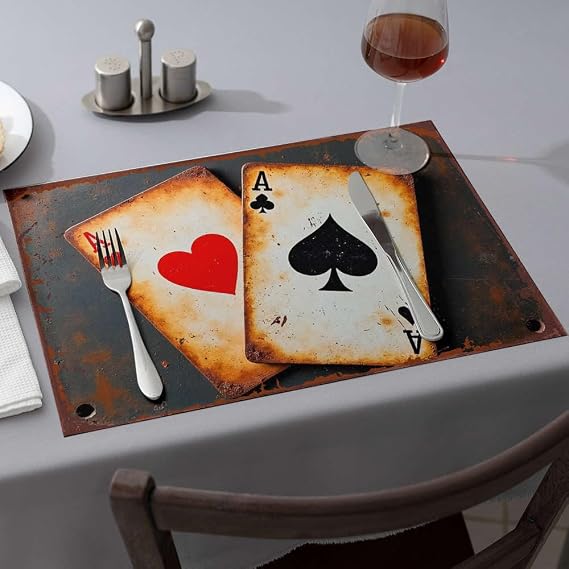 Premium Kitchen & Dining Two Vintage Playing Cards: Ace Of Hearts And Ace Of Spades. Dining Place Mats Modern Farmhouse Decor Table Cloth(6PCS)