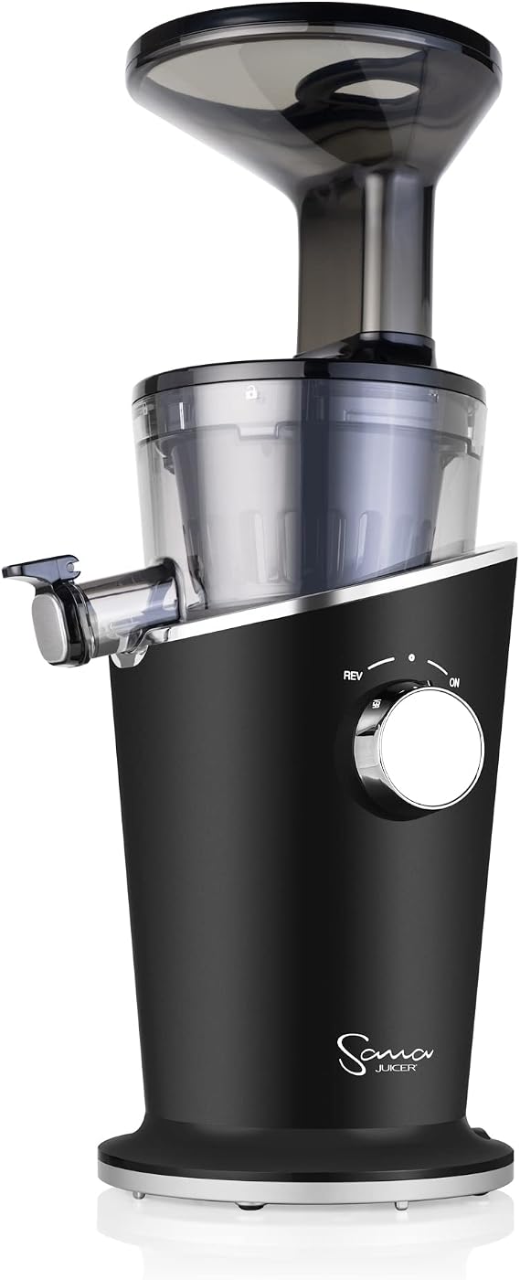 Sana 848 Easy Clean Vertical Juicer - Low Speed 43 RPM - Quiet - Carrots Celery Wheatgrass Greens (Matte Black)