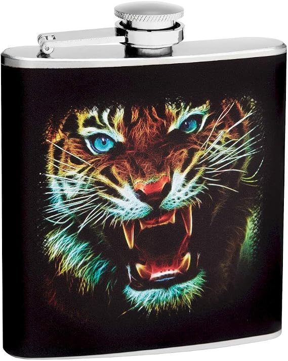Hip Flask Holding 6 oz - Blue Eye Tiger Pocket Design - Pocket Size, Stainless Steel, Leak Proof, Screw-On Cap - Black, Brown, White, Blue, and Red Wrapped Vinyl Finish - Black Gift Box Included