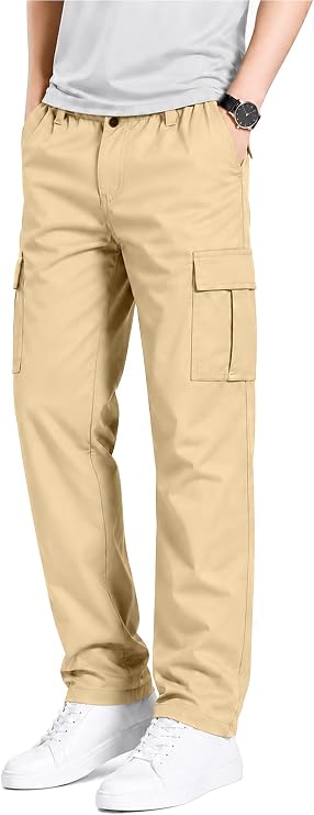 HUNGSON Men's Relaxed Cargo Pants Straight Leg Elastic Waist Work Pants